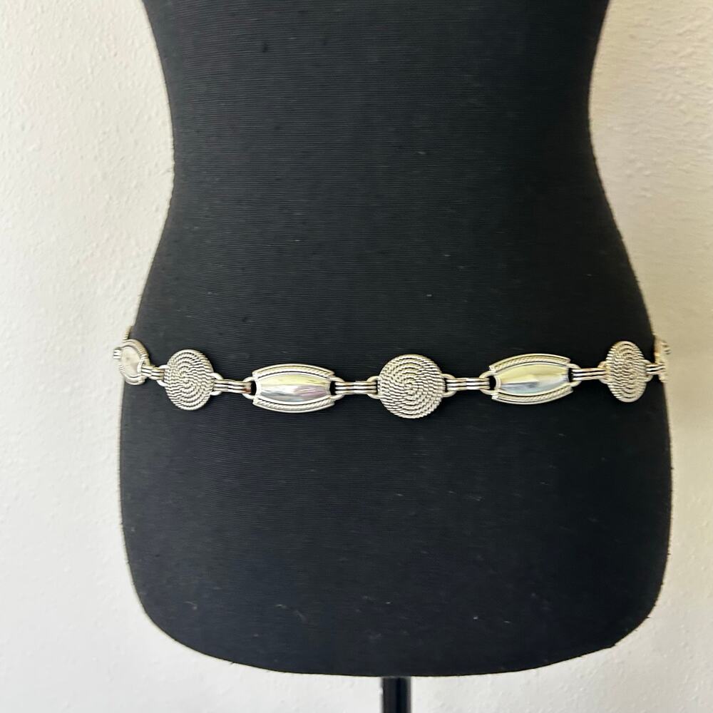 Vintage Silver Tone Concho Chain Belt Western Boho 90s Adjustable Belt 38 / 40 - Picture 8 of 11